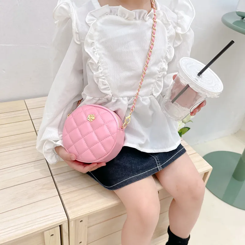 Round Crossbody Bag PU Leather Quilted Rhombus Metal Flower Chain Strap Kids Girls Princess Shoulder Bag