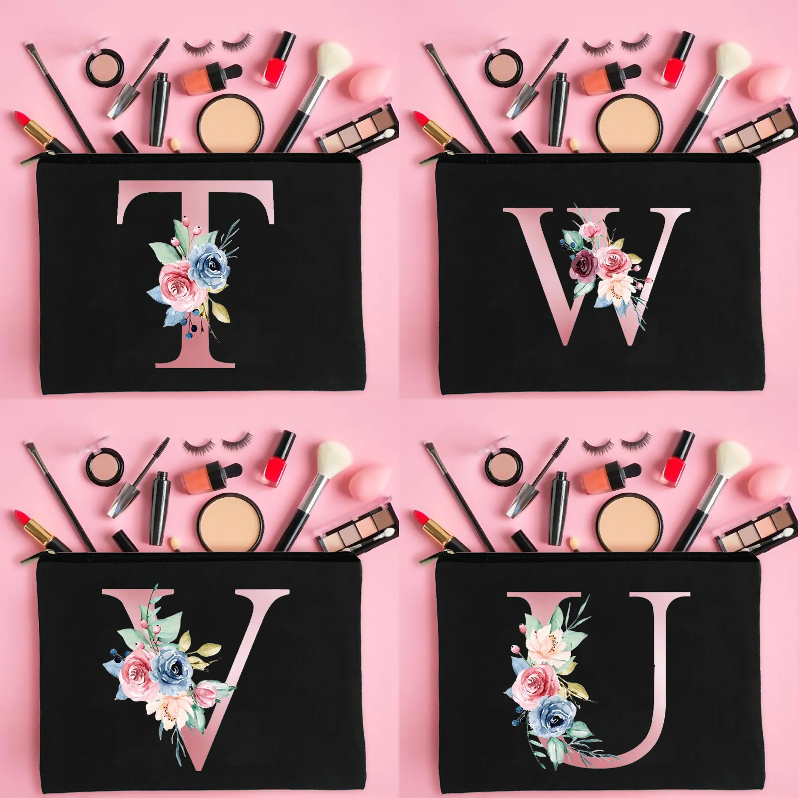 Canvas Cosmetic Bag Floral Alphabet Letter Print Makeup Pouch Travel Organizer Storage Handbag Zipper Closure For Women