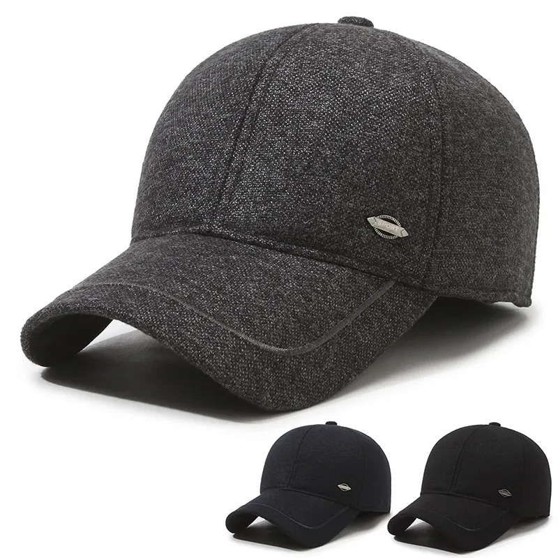 Men Winter Woolen Baseball Cap With Ear Flaps Warm Windproof Outdoor Fleece Lined Adjustable Dad Hat Casual