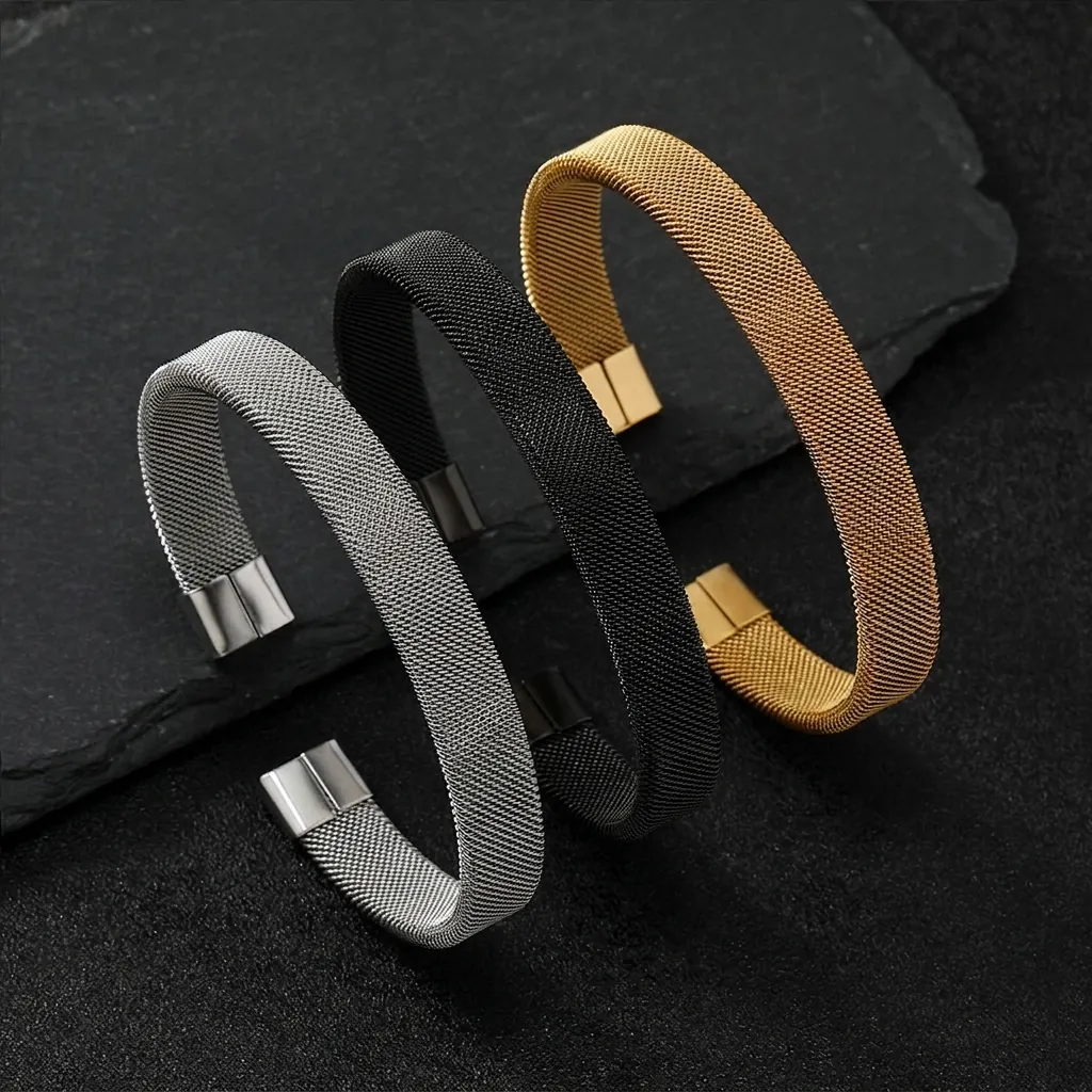 Fashion 10mm Stainless Steel Mesh Wire Woven Bangle Minimalist Geometric Open Cuff Bracelet For Men Women Jewelry Gift