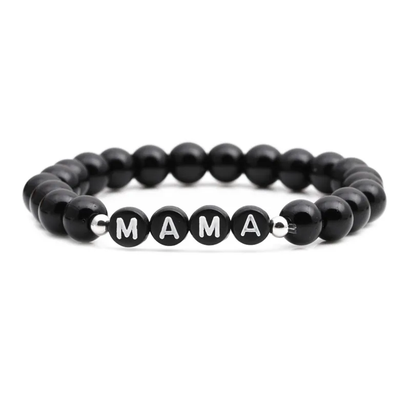 Bracelet Perlé en Pierre de Lave et Turquoise Blanche avec Lettres MAMA MOM Lettrage Bijoux Élastiques Minimalistes Cadeau Fête des Mères