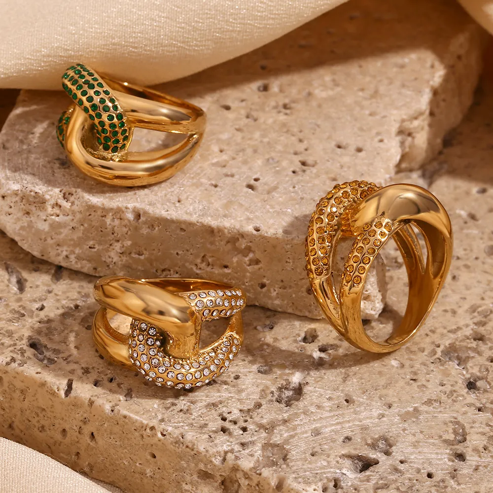 European Fashion Crossed Knot Stainless Steel Ring Gold Plated Zirconia Geometric Finger Ring For Women Jewelry Gift
