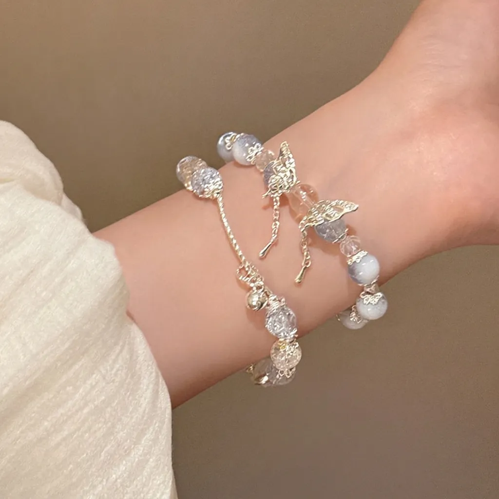 Butterfly Beaded Bracelet For Women Crystal Beads With Bell Charm Blue White Fairy Sweet Elegant Jewelry Gift
