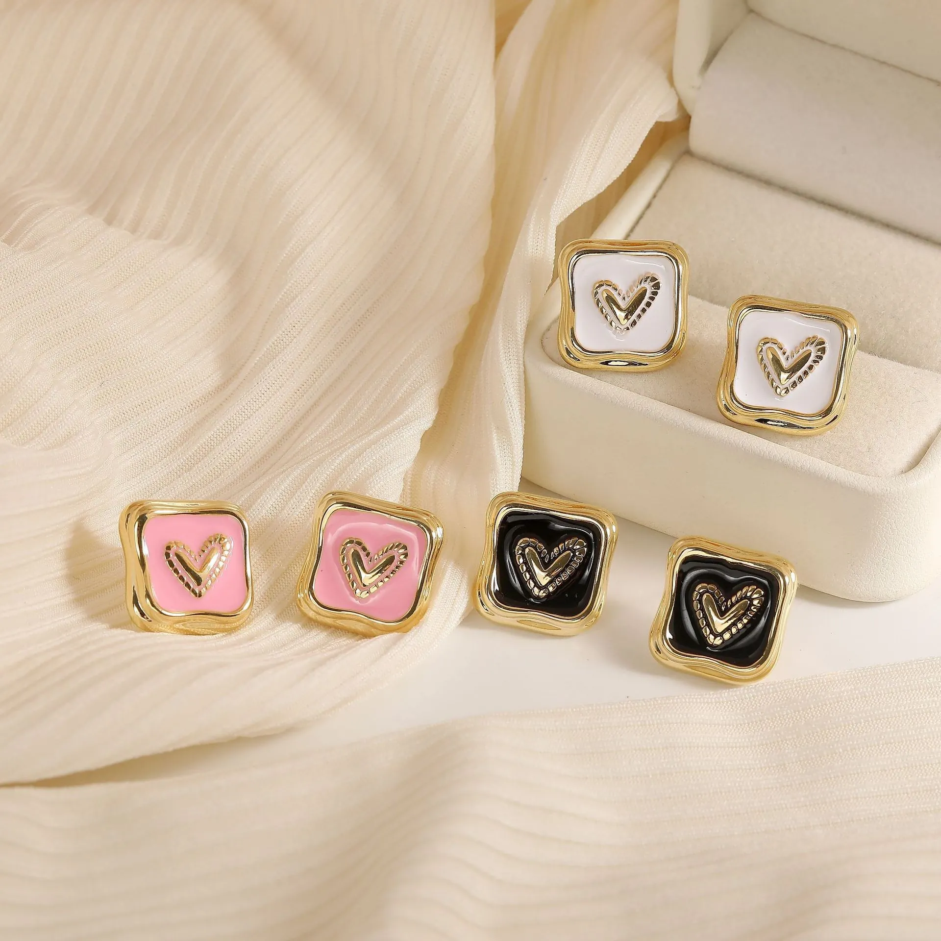 Orecchini a Bottone Quadrati a Cuore Vintage per Donna Rame Con Perno in Argento Sterling 925 Smalto Gioielli Quotidiani di Moda