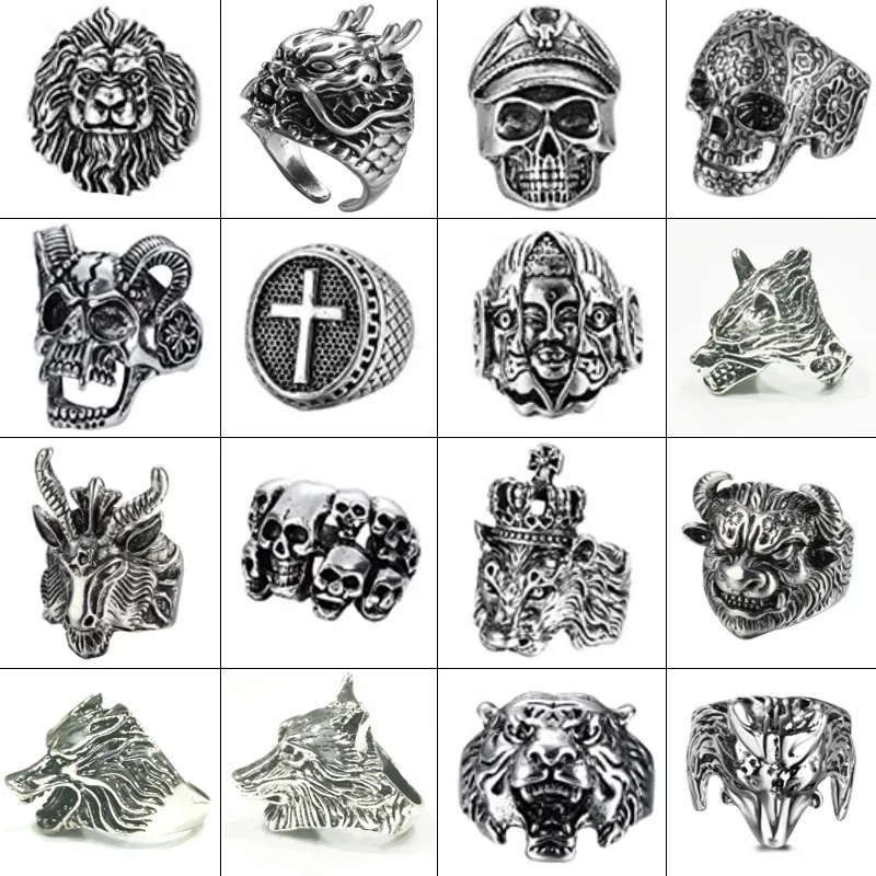Men Ring Alloy Retro Antique Silver Animal Lion Skull Wolf Head Adjustable Opening Punk Biker Gothic Jewelry