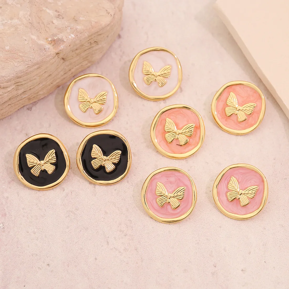 Boucles D'oreilles Puces Papillon Acier Inoxydable Vintage Style Français Rond Émail Bijoux Pour Femmes Rétro Élégant