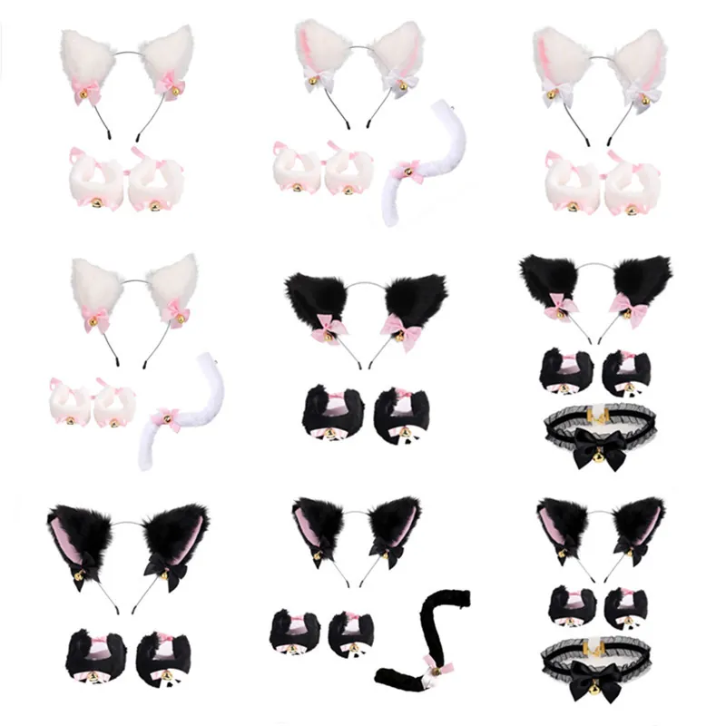 Plush Cat Ear Headband With Lace Neckband Wristbands And Tail Accessories For Halloween Cosplay Party