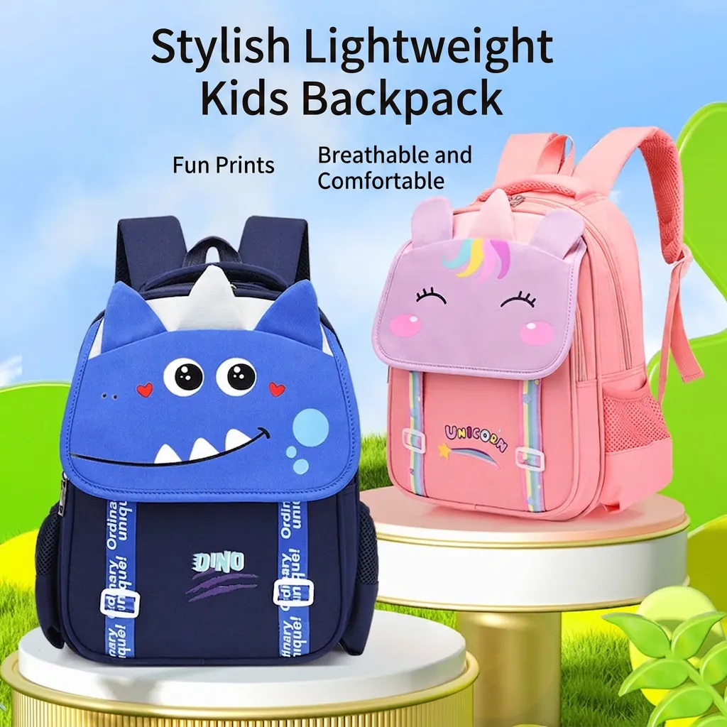 Kids School Backpack Oxford Cloth Cartoon Dinosaur Unicorn 3D Design Lightweight Spine Protection Breathable Travel Bag
