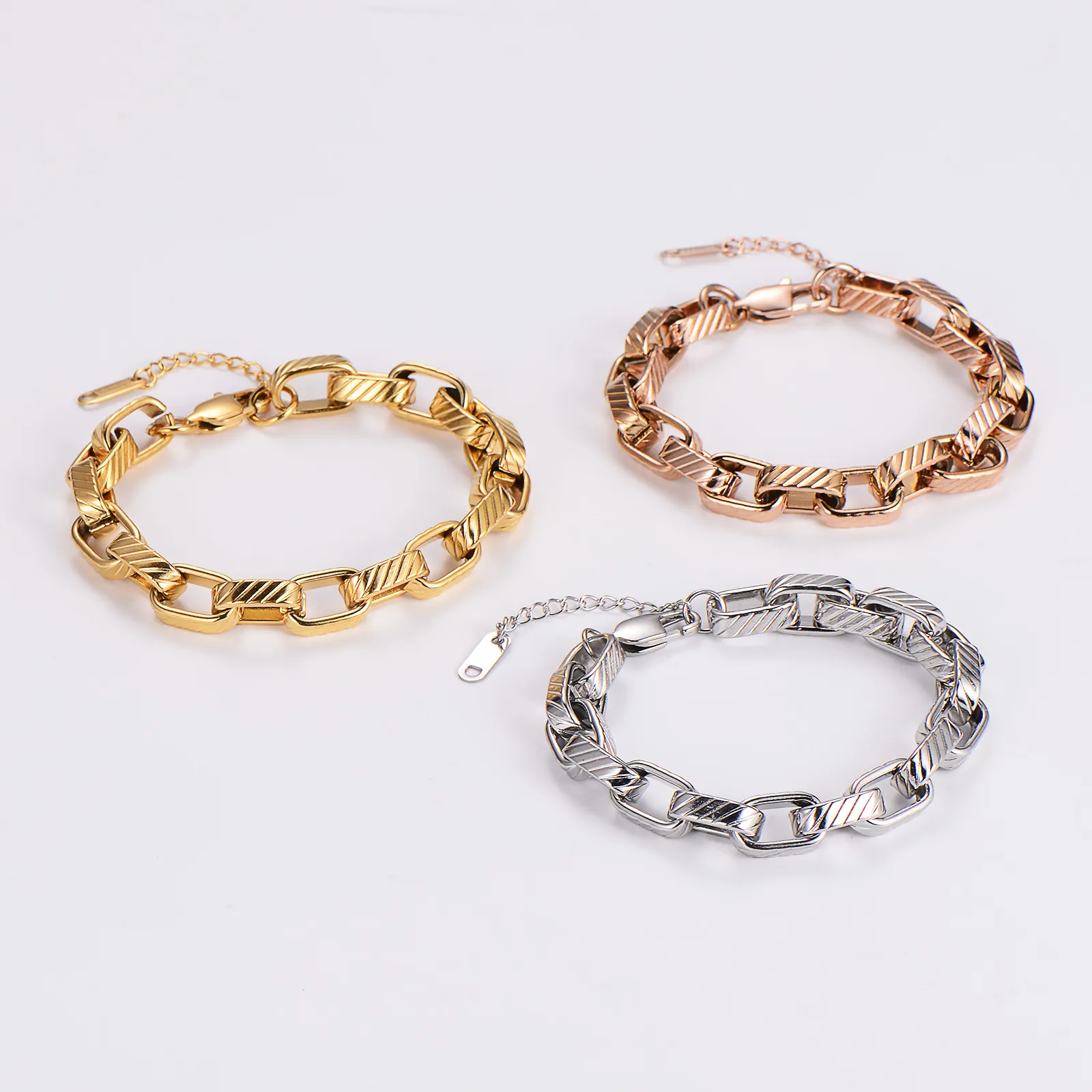 Stainless Steel Bracelet Heavy Thick Chain Textured Diagonal Pattern Adjustable Minimalist Jewelry For Women Men