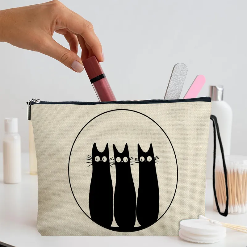 Black Cat Print Canvas Makeup Bag Portable Zipper Toiletry Pouch With Wristlet Travel Cosmetic Organizer For Women