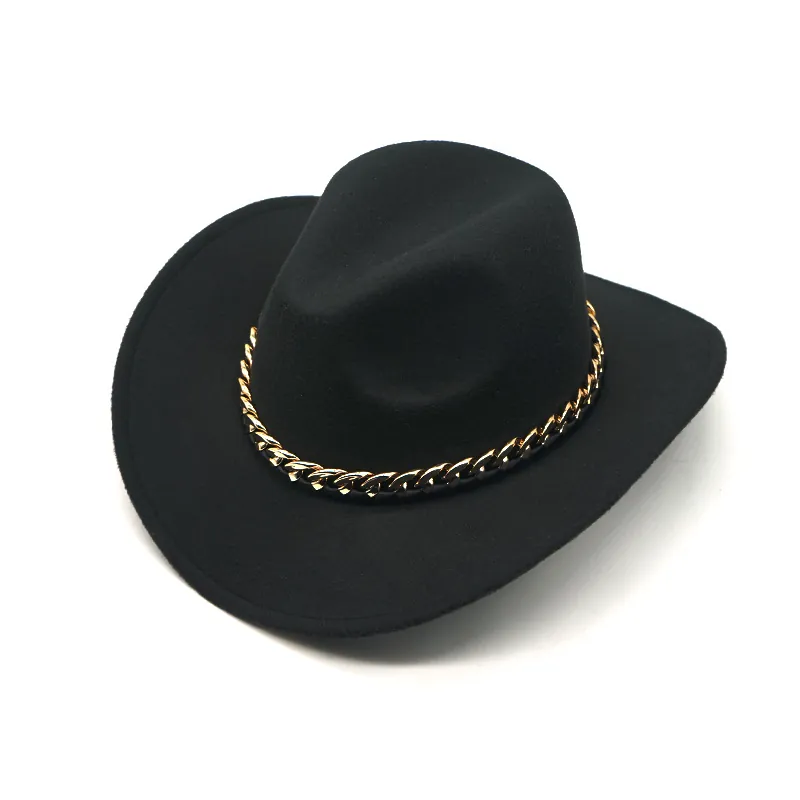 Cappello Da Cowboy Western Fedora Per Uomo E Donna Tesa Larga Feltro Di Lana Berretto Jazz Con Catena In Metallo Dorato Moda