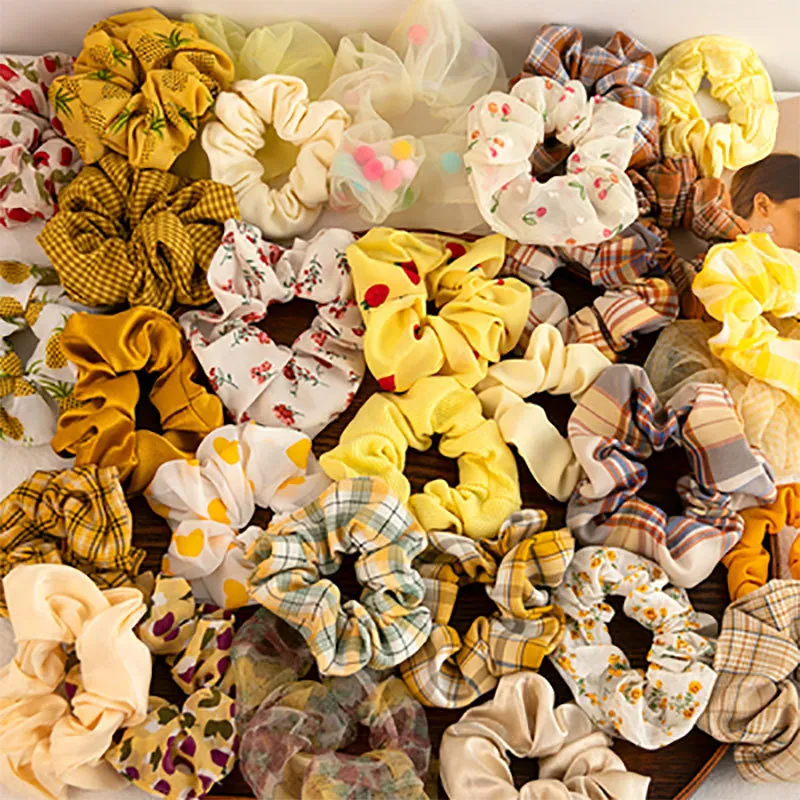 Floral Mesh Pom-Poms Hair Scrunchies Elastic Fabric Tie-Dye Textured Ponytail Holder For Women Girls Sweet Style