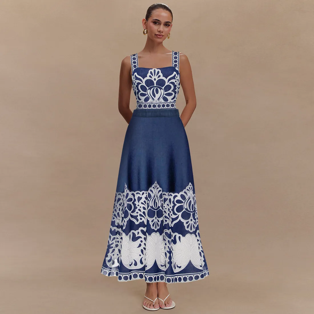 Women Ethnic Print One Piece Swimsuit Nylon Majolica Pattern Sleeveless Vacation Beachwear Bathing Suit With Long Skirt