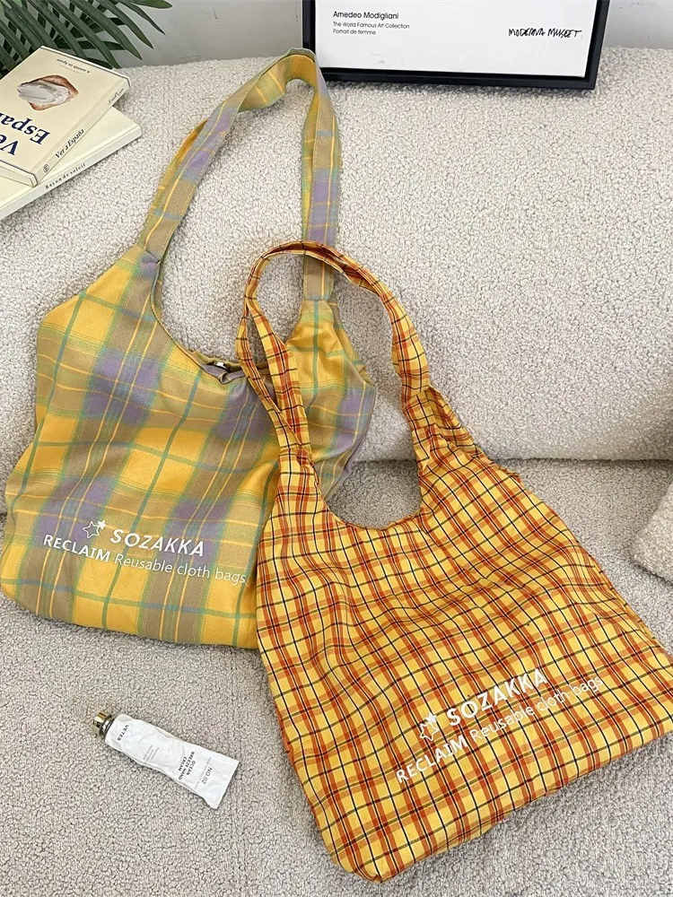 Plaid Checkered Shoulder Bag Polyester Fabric Large Capacity Lightweight Commuter Tote Bag For Women Casual Daily Use