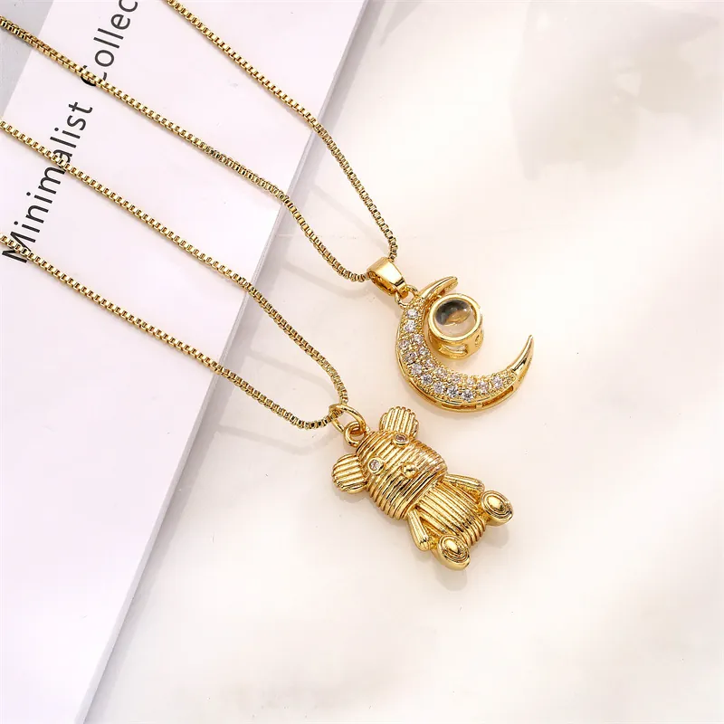 Collier Pendentif En Cuivre Avec Micro Zircon Lune Ours Forme Pierre De Projection Mode Clavicule Chaîne De Boîte Femmes