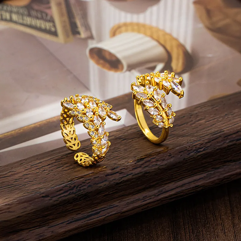 Wheat Ear Open Ring Copper Gold Plated Marquise White Cubic Zirconia Adjustable Luxury Retro Jewelry For Women
