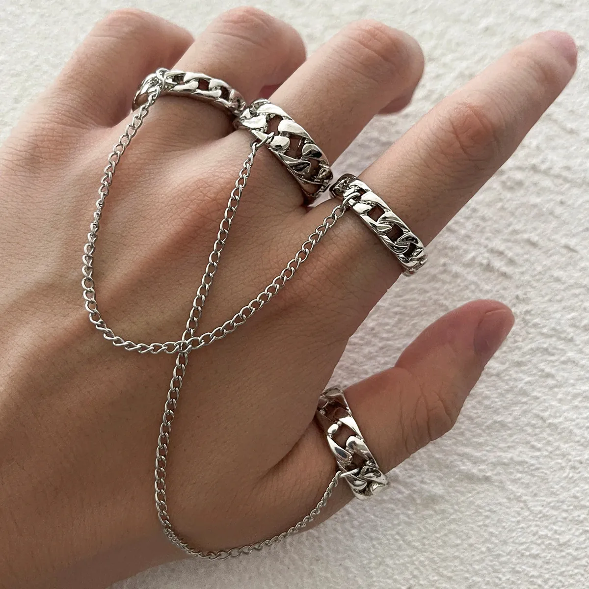 Punk Hollow Chain Connected Finger Rings Alloy Silver Color Gothic Vintage Multi Layer Jewelry For Women Men