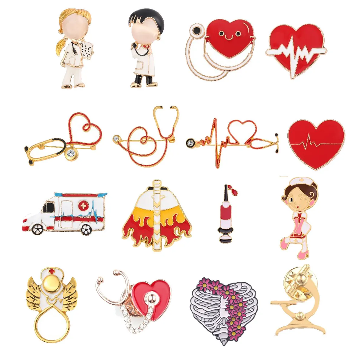 Medical Enamel Pin Brooch Stethoscope Heart ECG Nurse Doctor Gift Alloy Rhinestone Cartoon Badge Professional