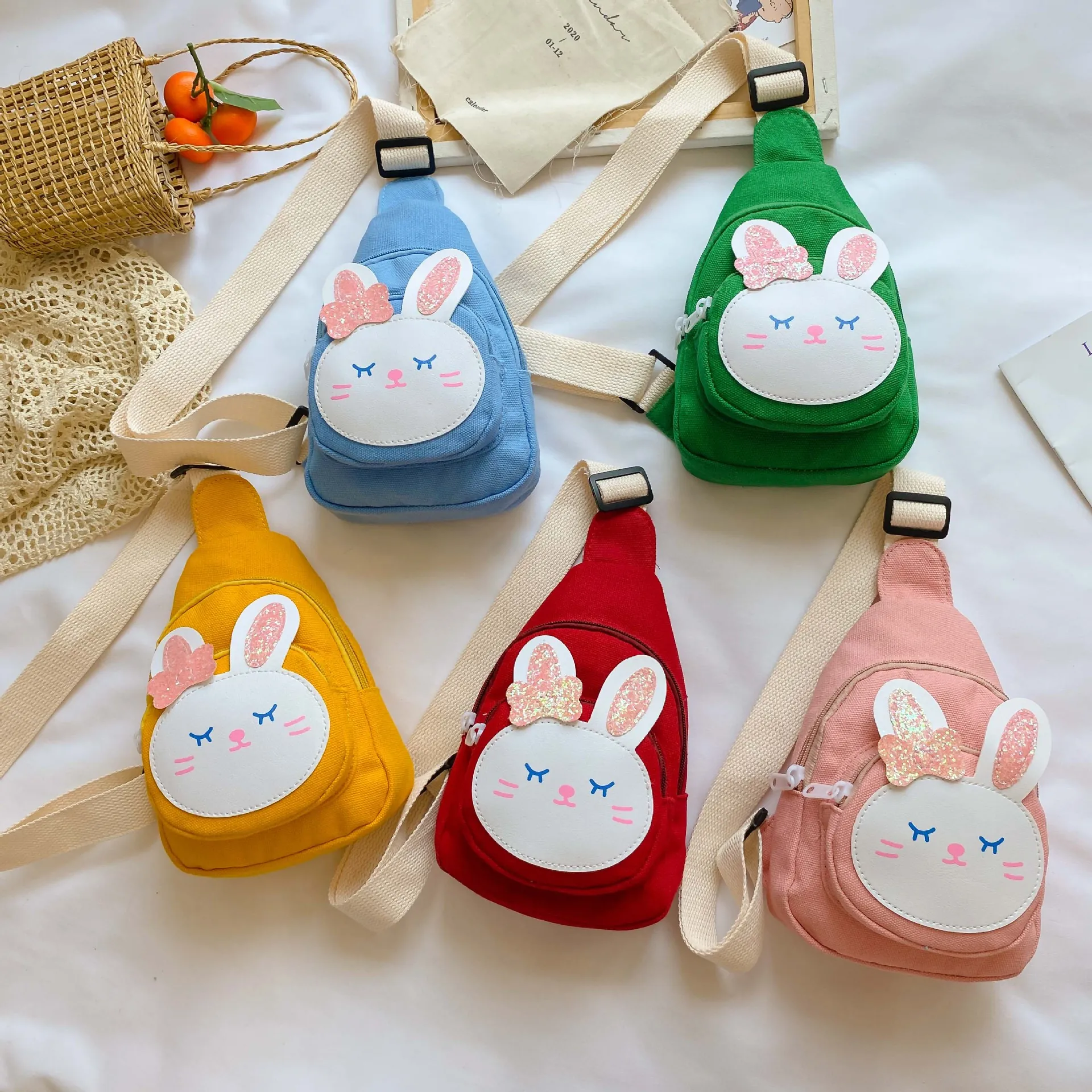 Kids Cartoon Rabbit Chest Bag Canvas Crossbody Shoulder Backpack Cute Animal Design For Boys Girls Outing