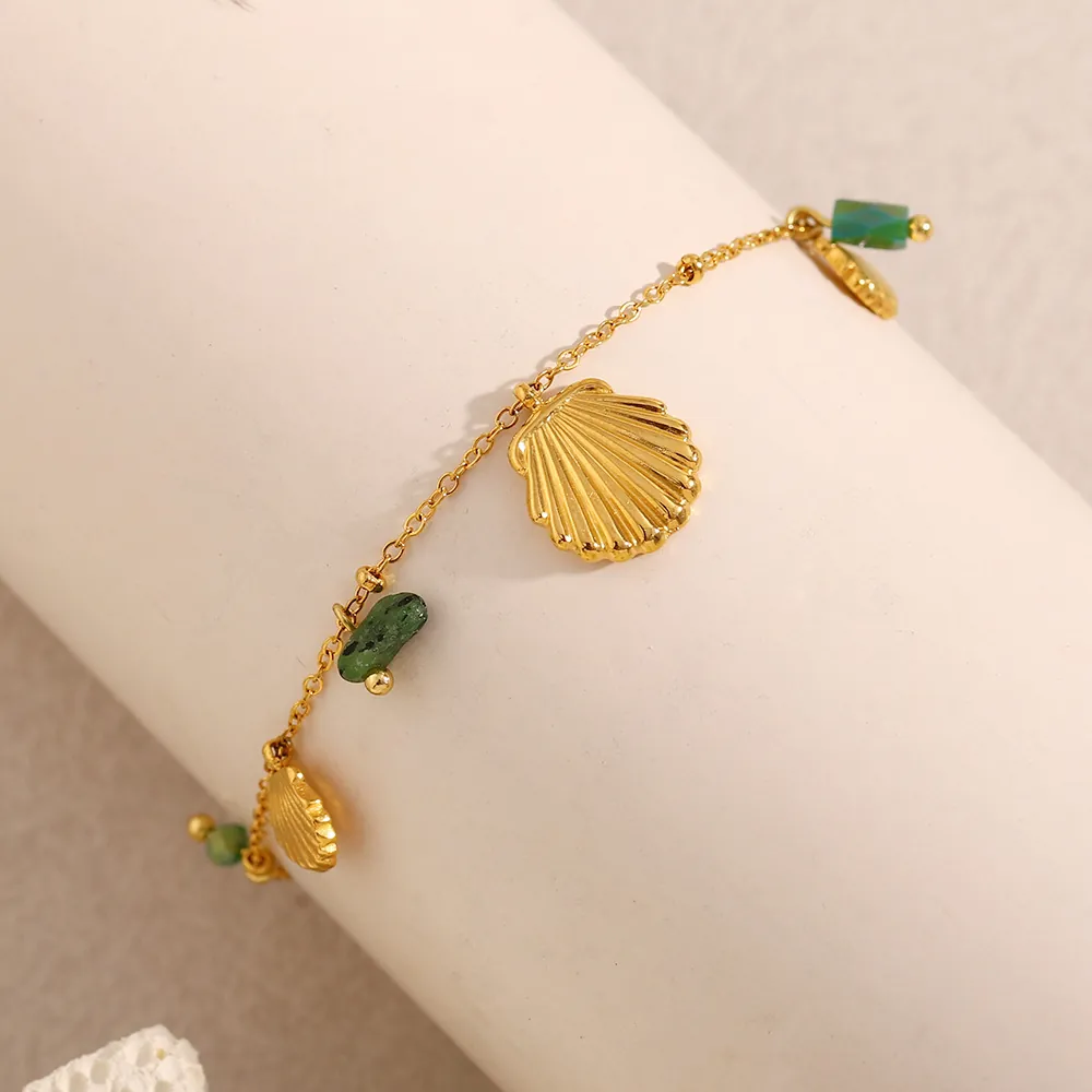 Bracelet De Cheville Pendentif Coquillage Acier Inoxydable Plaqué Or 18K Perles Vertes Bijoux De Plage Ajustable Pour Femmes