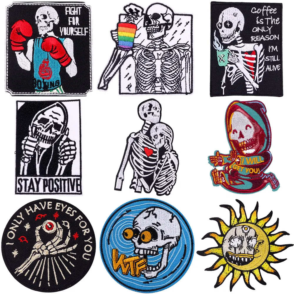 Punk Skeleton Embroidery Patches Iron On Skull Sun Moon Appliques For DIY Denim Jacket Clothing Bags Decor