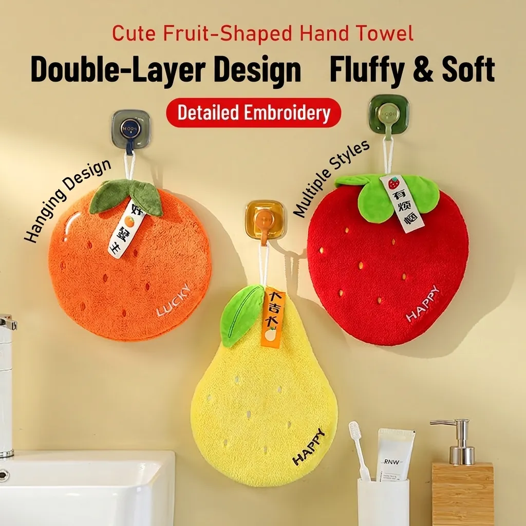 Fruit Shaped Hanging Hand Towels Soft Thickened Coral Fleece Absorbent Bathroom Kitchen Cute Embroidery