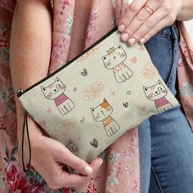 Trousse Per Trucco In Lino Con Stampa Gatto Cane Cartone Animato Cerniera Borsa Da Viaggio Portatile Con Cinturino Da Polso Per Donne