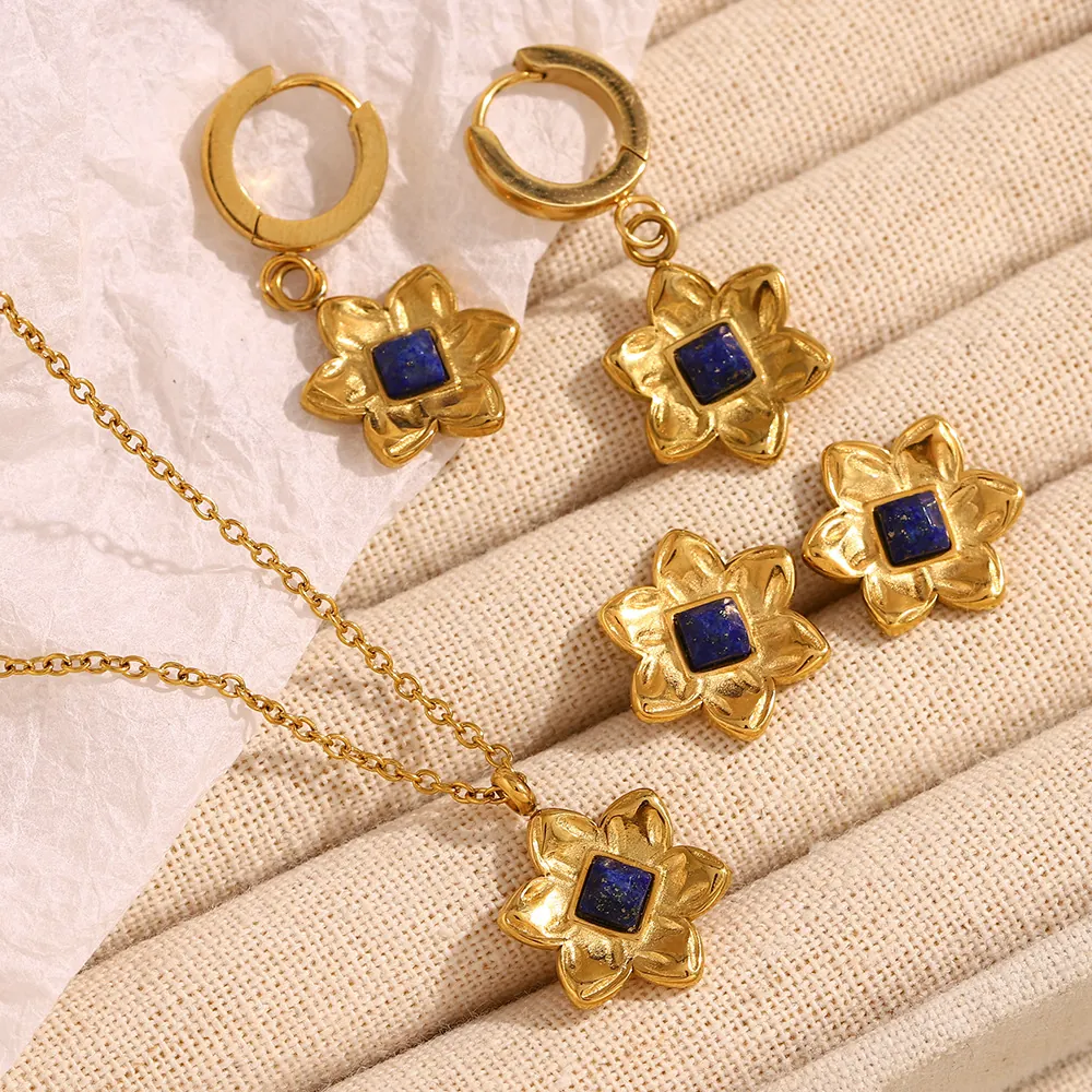 Stainless Steel Flower Necklace Stud Hoop Earrings With Blue Stone Retro 18K Gold Color Jewelry For Women