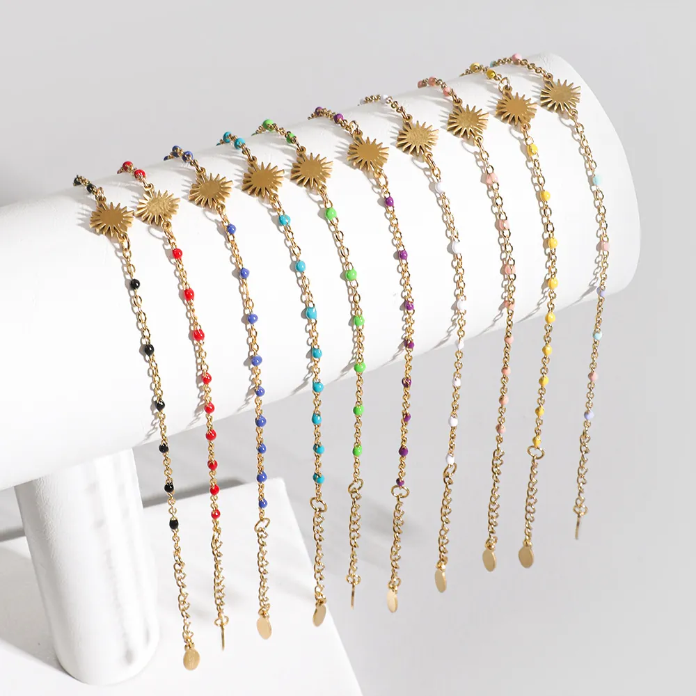 Sun Pendant Bracelet Stainless Steel With Colorful Beads Adjustable Fashion Jewelry For Women Simple Summer Style