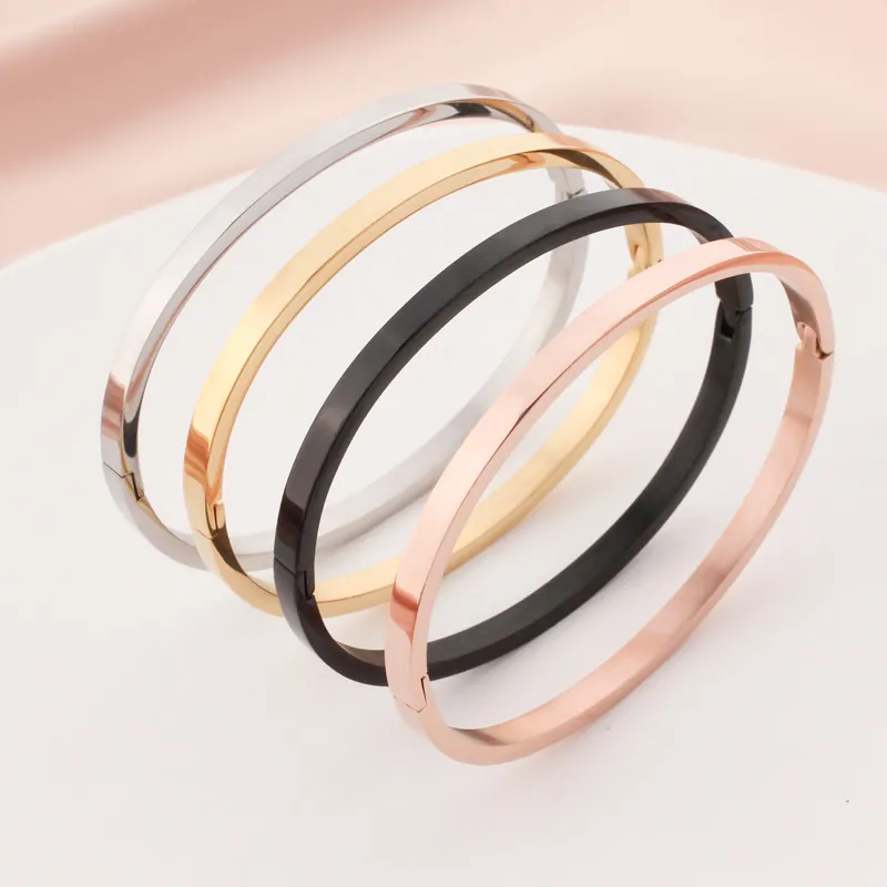 Minimalist Polished Stainless Steel Oval Bangle Bracelet With Hinge Buckle Closure Fashion Women Jewelry
