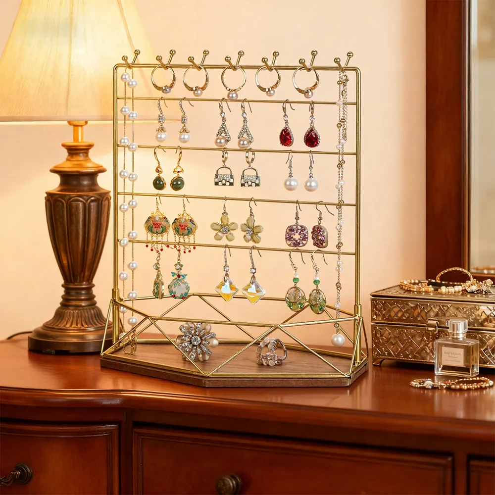 Jewelry Display Stand Metal Iron Organizer With Wood Base Multi Tier For Necklace Earring Ring Nordic Style Storage