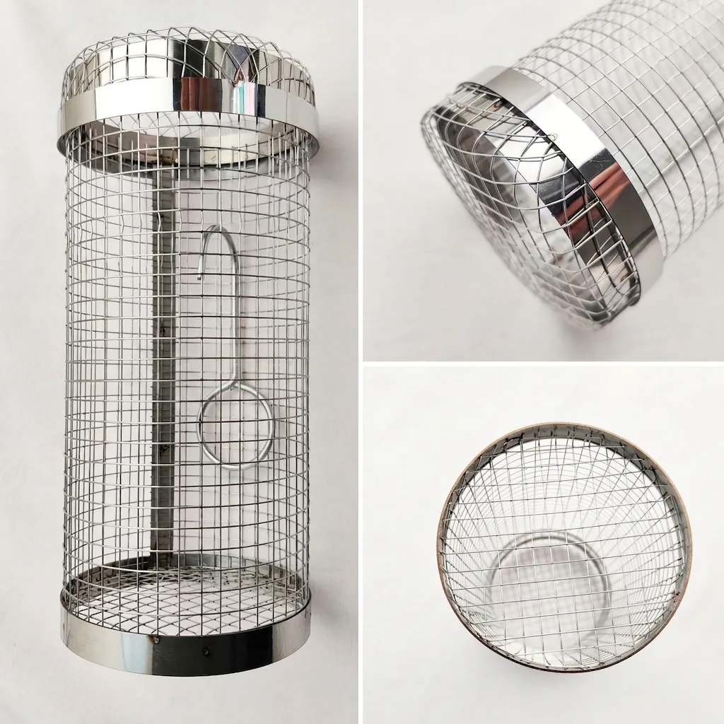 Rolling Grilling Basket 304 Stainless Steel Cylindrical Mesh Round Rotating For Outdoor BBQ Picnic Camping Portable