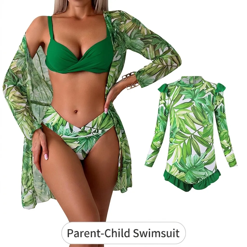 Family Matching Swimwear Tropical Print Bikini And Long Sleeve Cover Up Mother Daughter Swimsuit Beachwear