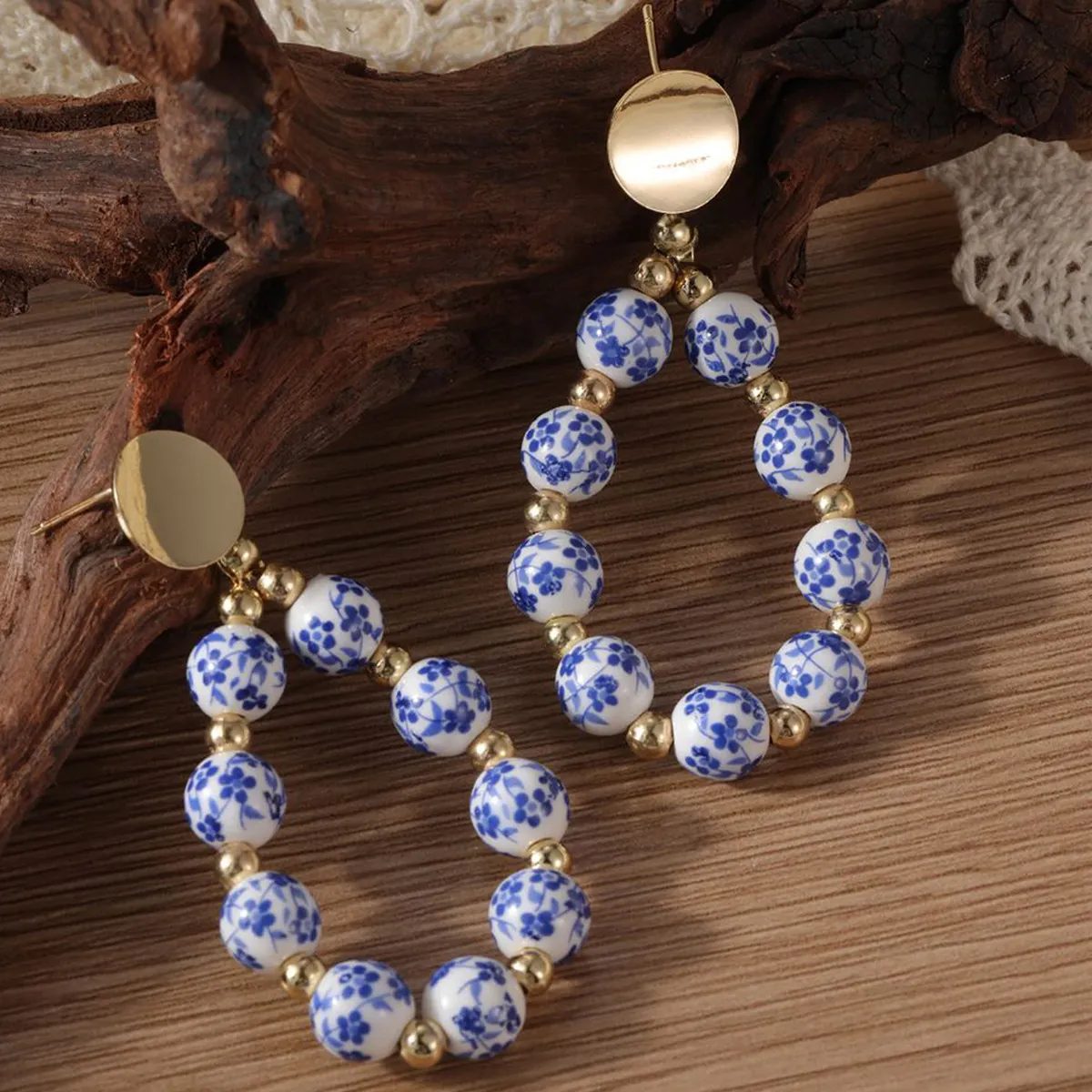 Blue And White Porcelain Ceramic Beaded Hoop Earrings Retro Chinese Style Gold Color Copper Jewelry For Women