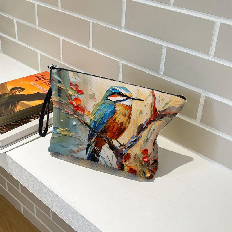 Imprimé Oiseaux Fleurs Lin Fin Trousse Maquillage Portable Fermeture Éclair Pochette Toilette Rangement Voyage Pour Femmes Filles Étui Papeterie