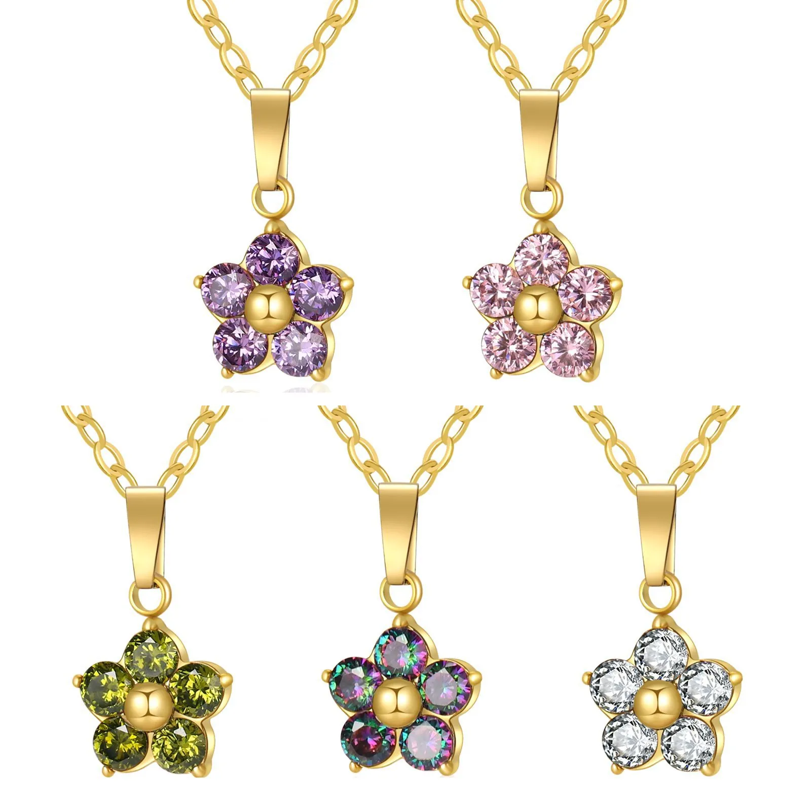 Flower Pendant Necklace Stainless Steel AAA Zirconia Five Petal Plum Blossom Clavicle Chain For Women Jewelry Gift