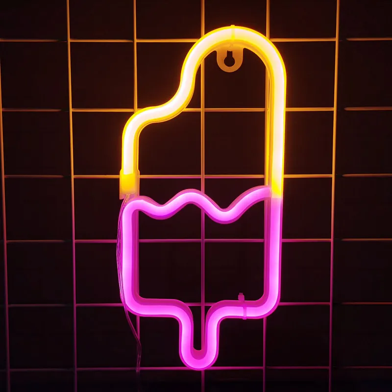 LED Neon Sign Light Popsicle Shape Two-Color Yellow Pink USB Battery Operated PC Plastic Wall Hanging Room Party Decor