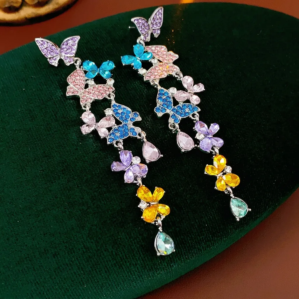 Vintage Butterfly Dangle Earrings Alloy Colorful Rhinestone With Silver Earring Post Retro Long Drop Elegant For Women