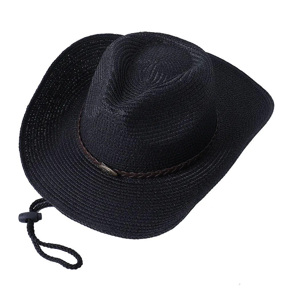Chapeau De Cowboy En Paille Rétro Large Bord Protection Solaire Respirant Voyage Extérieur Avec Bande Cuir Tressé Médaille