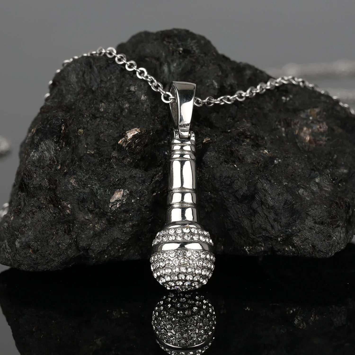 Microphone Pendant Necklace 316L Stainless Steel Iced Out Zircon Music Theme Hip Hop Rock Jewelry For Men Women