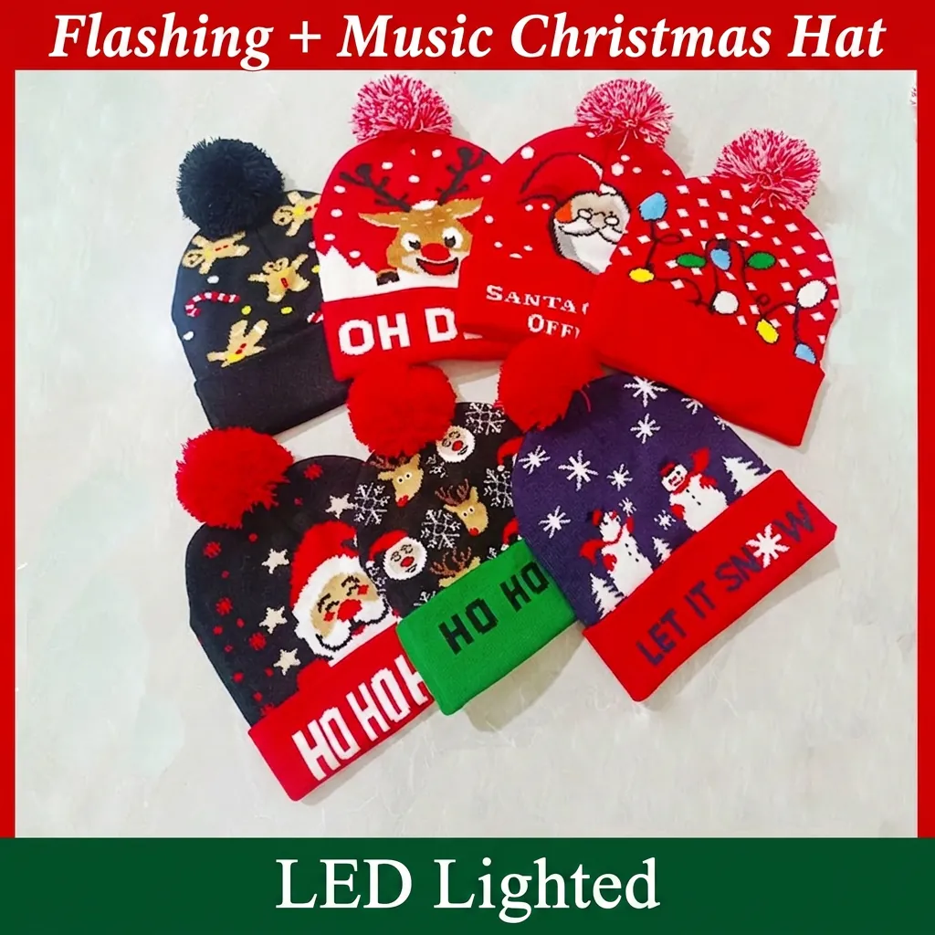 Kinder Winter Weihnachten Strickmütze Und Schal Leuchtende LED Beanie Mit Musik Rentier Schneemann Muster Warme Acryl Festliches Accessoire