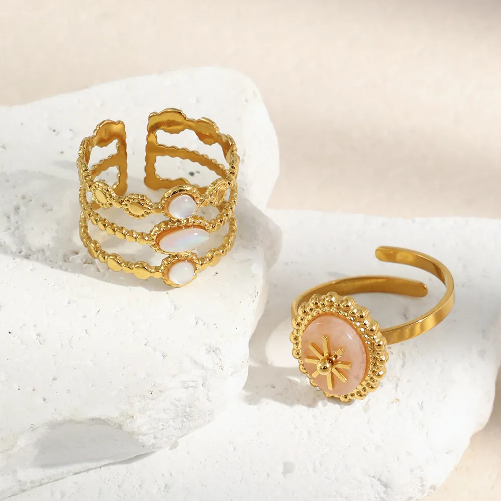 Bague En Acier Inoxydable Plaqué Or 18K Étoile À Huit Branches Pierre Naturelle Ovale Künstliche Perle De Coquillage Bijoux