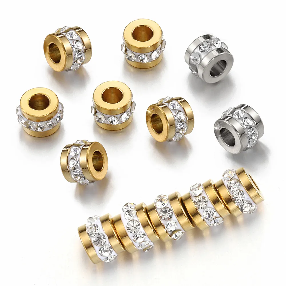 Cylindrical Large Hole Spacer Beads Stainless Steel With Sparkling Rhinestones For DIY Bracelet Necklace Making Crafting