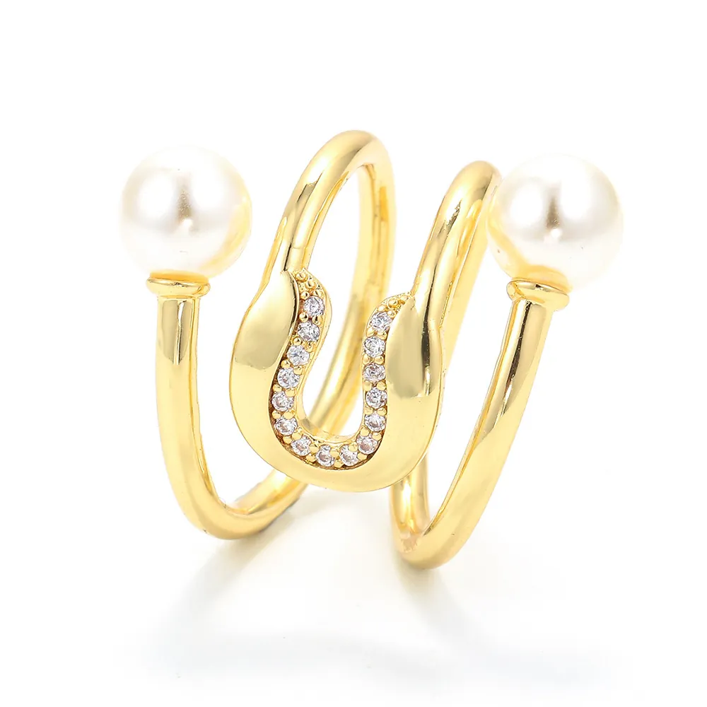 Safety Pin Open Ring Copper With Zircon And Imitation Artificial Pearl Geometric Hollow Fashion Jewelry For Women