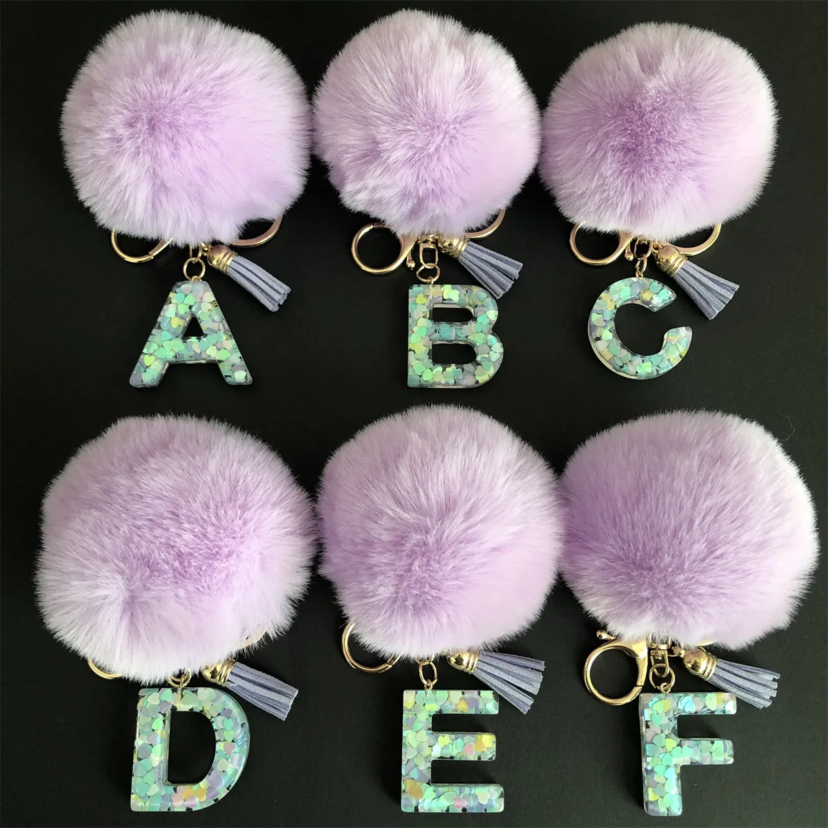 Porte-clés Pompon Violet Avec Pendentif Lettre en Résine Paillettes Coeur Gland Anneau Métal Doré Décoration Suspendue Sac Femme