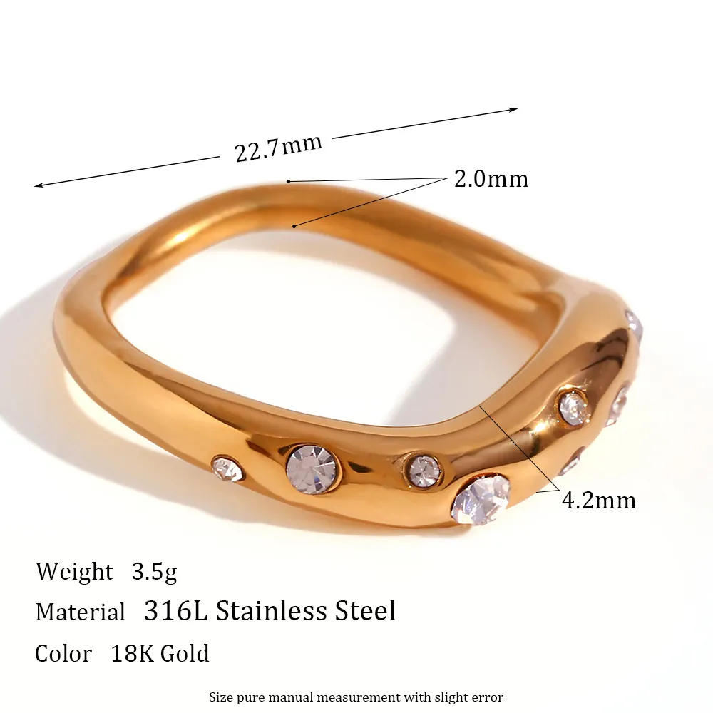 Fashion Stainless Steel 18K Gold Plated Irregular Wave Ring For Women Rhinestone Inlaid Minimalist Statement Jewelry Finger Ring