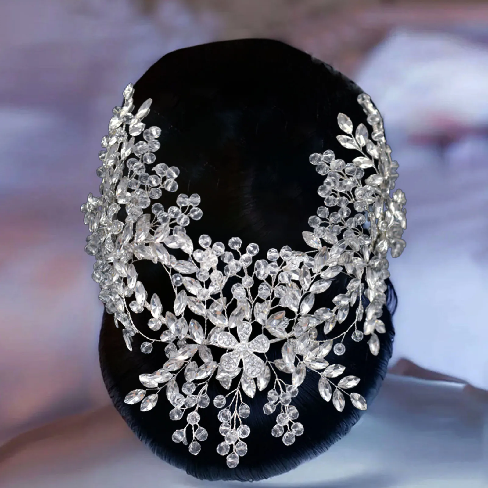 Elegant Bridal Headband Silver Alloy Crystal Rhinestone Handmade Floral Leaf Wedding Party Hair Accessories For Women