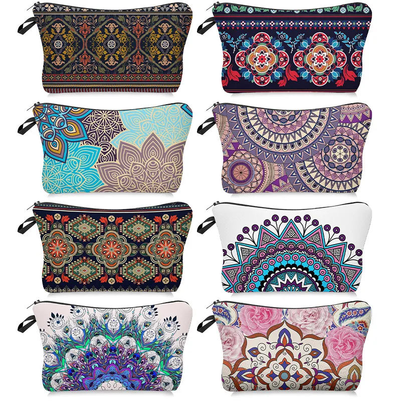 Polyester Makeup Bag Waterproof Mandala Print Cosmetic Pouch Portable Travel Toiletry Organizer With Handle Zipper Closure