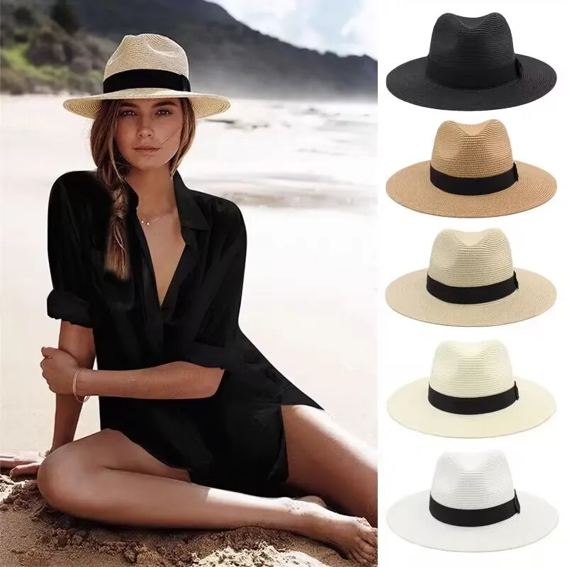 Panama Fedora Hat Straw Weave Wide Brim Sun Protection Breathable Summer Beach Vacation Classic Style Unisex