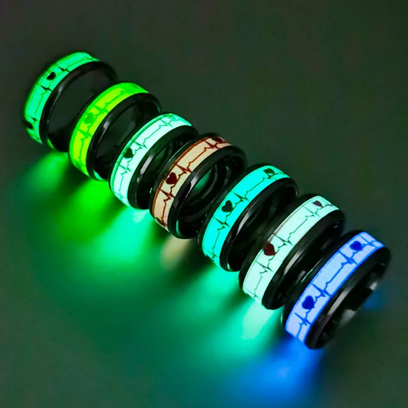 Luminous Heartbeat ECG Ring Titanium Steel Glow In The Dark Heart Shape Heartbeat Jewelry For Couples Unisex Trendy